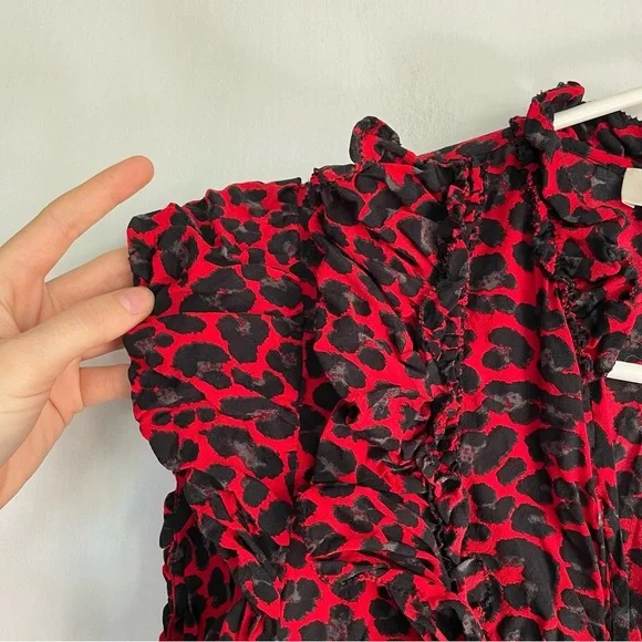 Zadig & Voltaire Tibo Print Leopard Ruffle Red Black Sleeveless Tassel Size S - Picture 7 of 12
